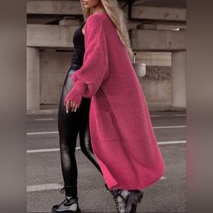 Longline Heavy Waffle Knit Lantern Sleeve Classic Patch Pocket Duster Cardigan